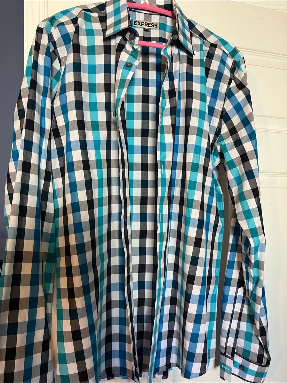 Express Plaid Fitted Button Down Blue L 16/16.5